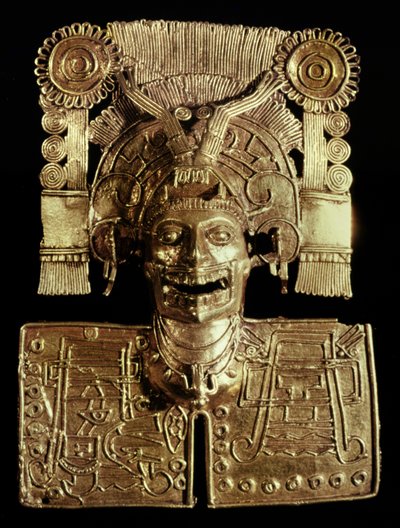 Borstplaat die de god van de dood, Mictlantecuhtli, voorstelt, uit graf 7, Monte Alban, Mixtec, c.1300-1450 door Pre Columbian